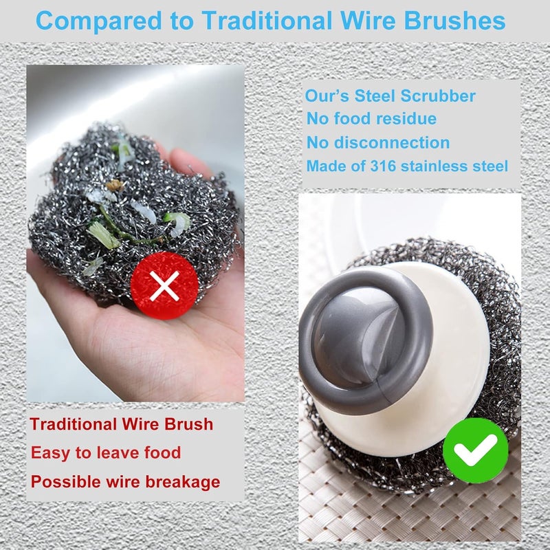Onewly 24Pack Steel Wool Scrubber with Handle, Stainless Steel Scrubber for Cleaning Cast Iron, Dishes, Stock Pots, Pans, Griddles, Grills - Image 3